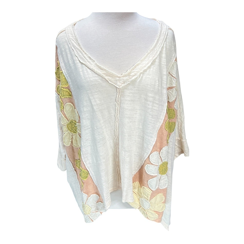 Oli & Hali Floral Applique Oversized Cotton Top Cream Peach Boho Small Hippie - Picture 6 of 13